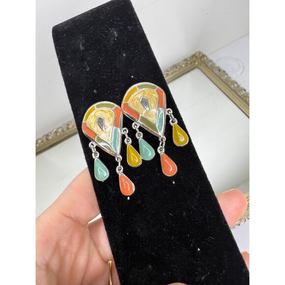 Vintage Rare Silver and Enamel Teardrop Dangle Earrings - Picture 5 of 9